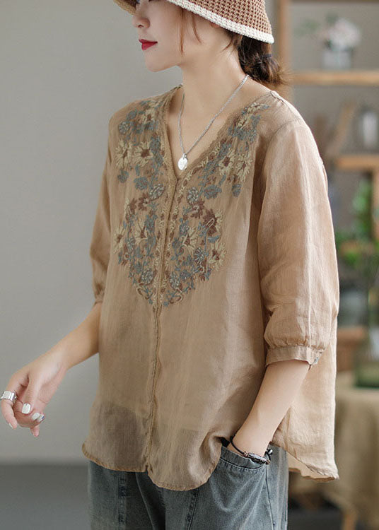 Vintage Khaki Embroideried Lace Patchwork Linen Shirt Top Half Sleeve