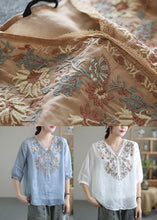 Load image into Gallery viewer, Vintage Khaki Embroideried Lace Patchwork Linen Shirt Top Half Sleeve
