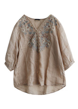 Load image into Gallery viewer, Vintage Khaki Embroideried Lace Patchwork Linen Shirt Top Half Sleeve