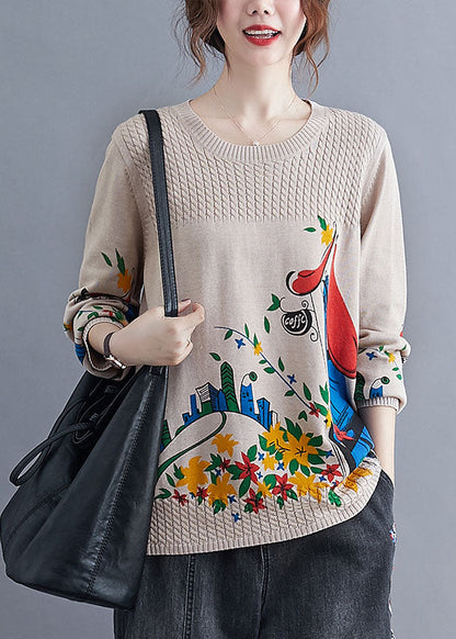Vintage Khaki side open Print Knit Sweaters Winter
