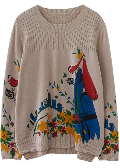 Vintage Khaki side open Print Knit Sweaters Winter