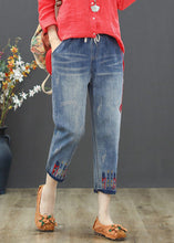Load image into Gallery viewer, Vintage Light Blue Embroideried Tie Waist Crop Jeans Summer