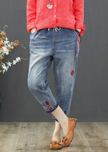 Load image into Gallery viewer, Vintage Light Blue Embroideried Tie Waist Crop Jeans Summer