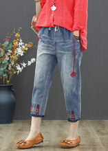 Load image into Gallery viewer, Vintage Light Blue Embroideried Tie Waist Crop Jeans Summer