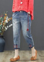 Load image into Gallery viewer, Vintage Light Blue Embroideried Tie Waist Crop Jeans Summer