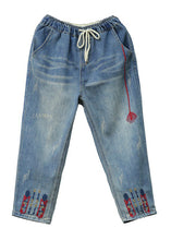Load image into Gallery viewer, Vintage Light Blue Embroideried Tie Waist Crop Jeans Summer