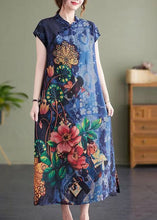 Load image into Gallery viewer, Vintage Navy Stand Collar Side Open Print Cheongsam Dresses Short Sleeve