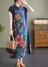 Load image into Gallery viewer, Vintage Navy Stand Collar Side Open Print Cheongsam Dresses Short Sleeve