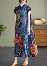 Load image into Gallery viewer, Vintage Navy Stand Collar Side Open Print Cheongsam Dresses Short Sleeve