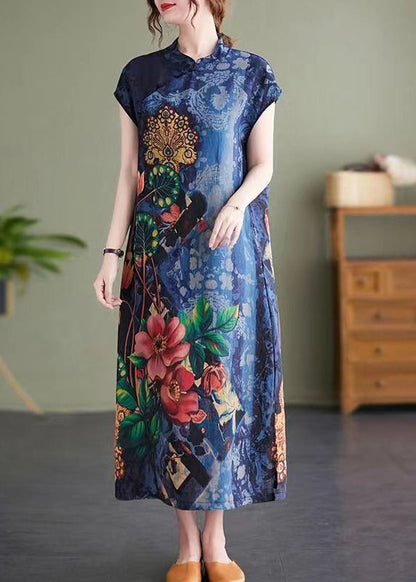 Vintage Navy Stand Collar Side Open Print Cheongsam Dresses Short Sleeve