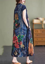 Load image into Gallery viewer, Vintage Navy Stand Collar Side Open Print Cheongsam Dresses Short Sleeve