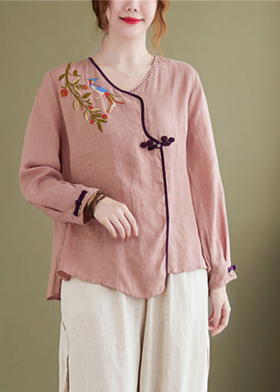 Vintage Pink Embroideried Asymmetrical Design Patchwork Top Long Sleeve
