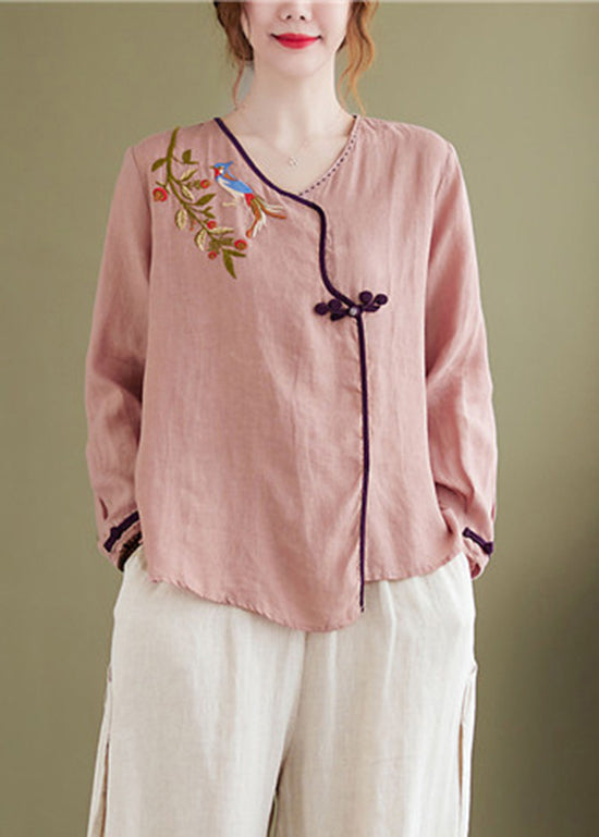 Vintage Pink Embroideried Asymmetrical Design Patchwork Top Long Sleeve