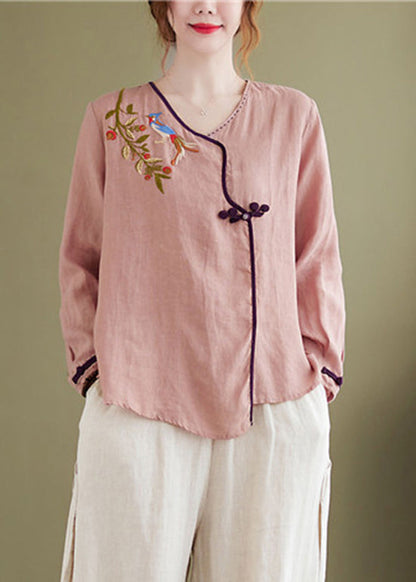 Vintage Pink Embroideried Asymmetrical Design Patchwork Top Long Sleeve