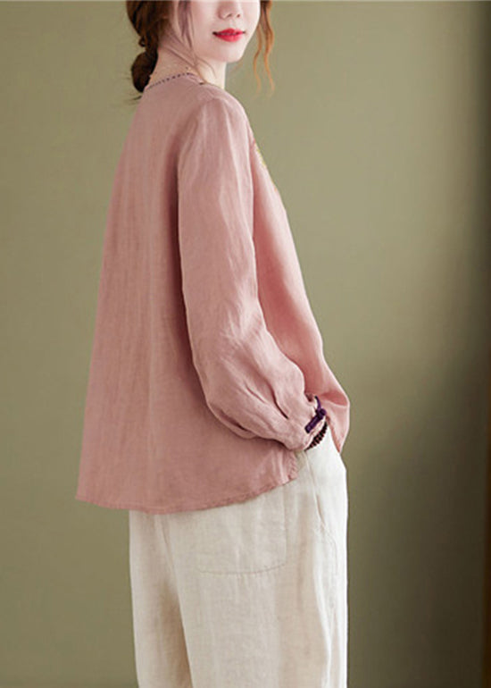 Vintage Pink Embroideried Asymmetrical Design Patchwork Top Long Sleeve