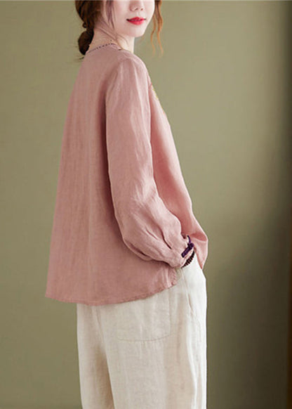 Vintage Pink Embroideried Asymmetrical Design Patchwork Top Long Sleeve