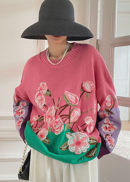 Vintage Pink Embroideried Floral Knit top Spring