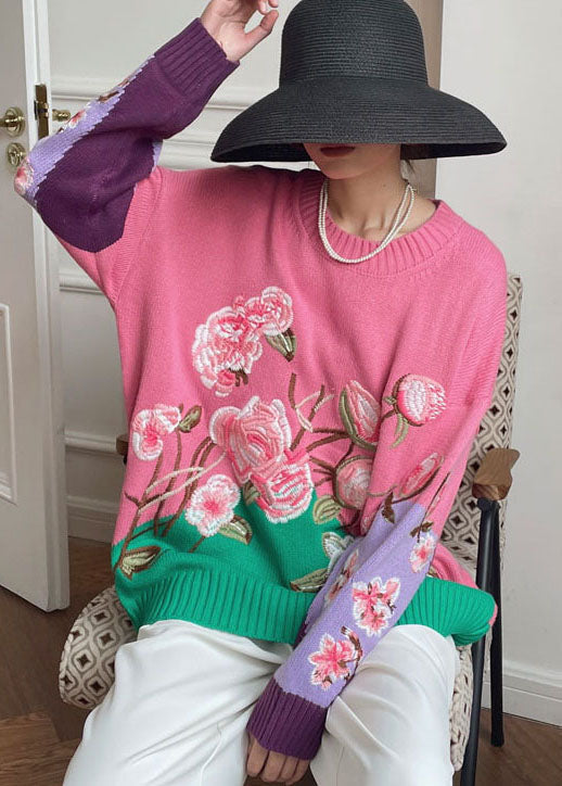 Vintage Pink Embroideried Floral Knit top Spring