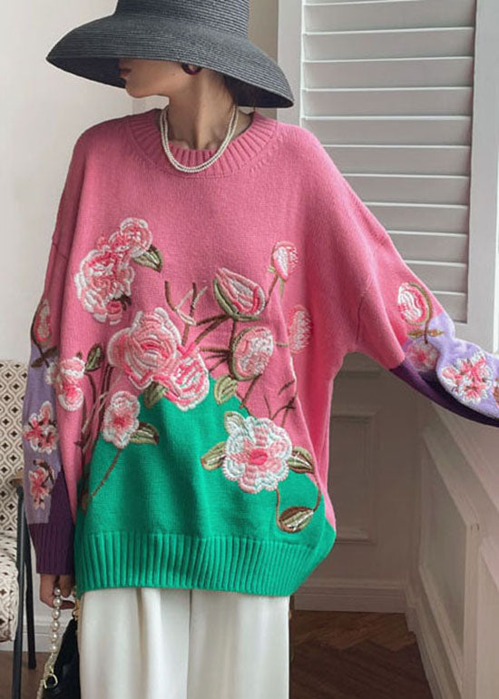 Vintage Pink Embroideried Floral Knit top Spring
