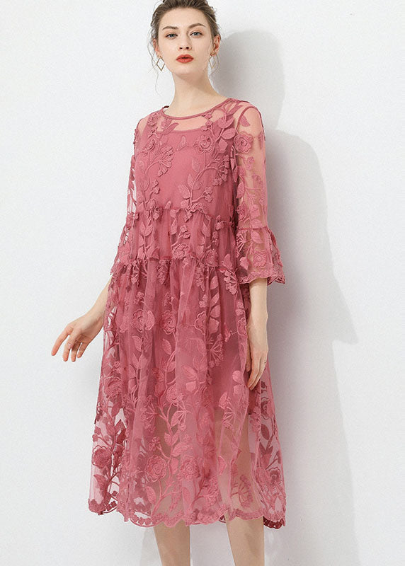 Vintage Pink Embroideried O-Neck Two Pieces Set Lace Dress