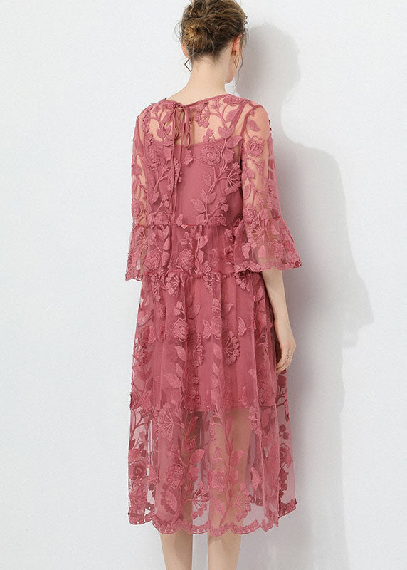 Vintage Pink Embroideried O-Neck Two Pieces Set Lace Dress