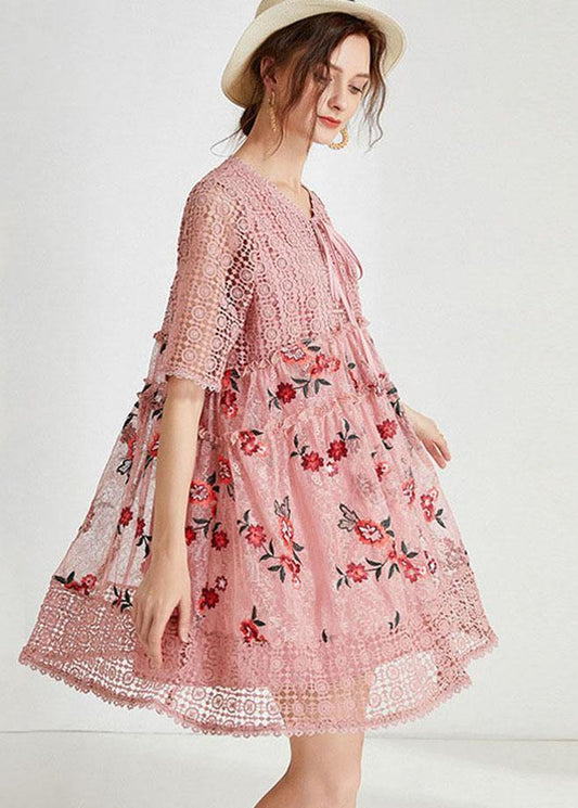 Vintage Pink Hollow Out Embroideried Summer Mid Dress Half Sleeve