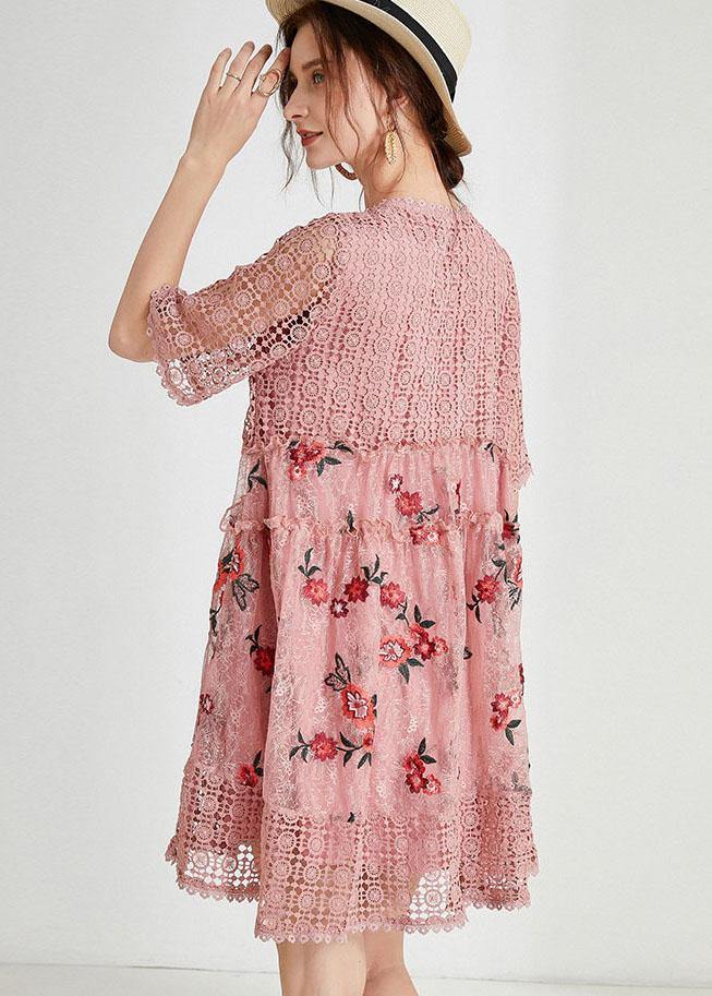 Vintage Pink Hollow Out Embroideried Summer Mid Dress Half Sleeve