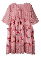 Vintage Pink Hollow Out Embroideried Summer Mid Dress Half Sleeve