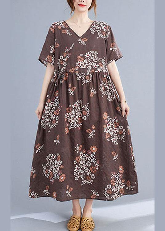 Vintage Pink Loose V Necktie Waist Summer Short Sleeve Dresses