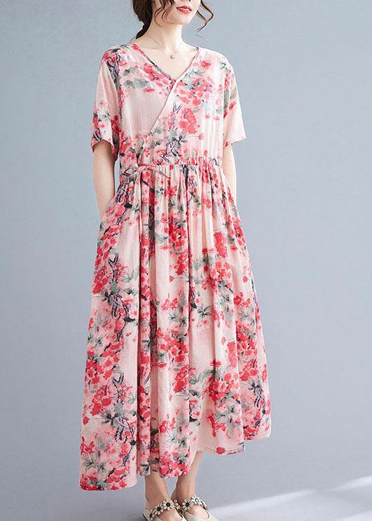 Vintage Pink Loose V Necktie Waist Summer Short Sleeve Dresses