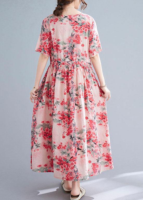 Vintage Pink Loose V Necktie Waist Summer Short Sleeve Dresses