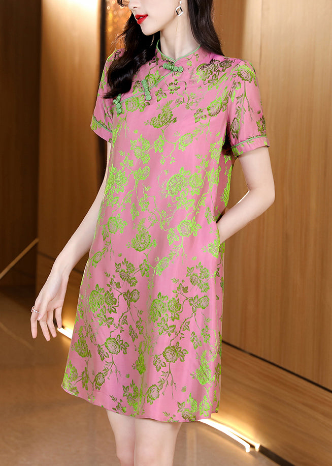 Vintage Pink Mandarin Collar Jacquard Silk cheongsam Dresses Short Sleeve