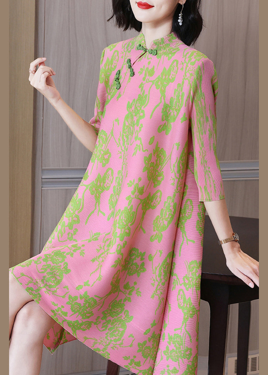 Vintage Pink Mandarin Collar Wrinkled Silk Oriental Dresses Half Sleeve