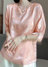 Load image into Gallery viewer, Vintage Pink O-Neck Jacquard Button Silk Blouse Tops Half Sleeve