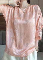 Vintage Pink O-Neck Jacquard Button Silk Blouse Tops Half Sleeve