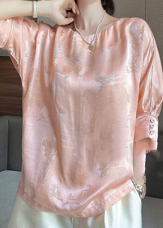 Vintage Pink O-Neck Jacquard Button Silk Blouse Tops Half Sleeve