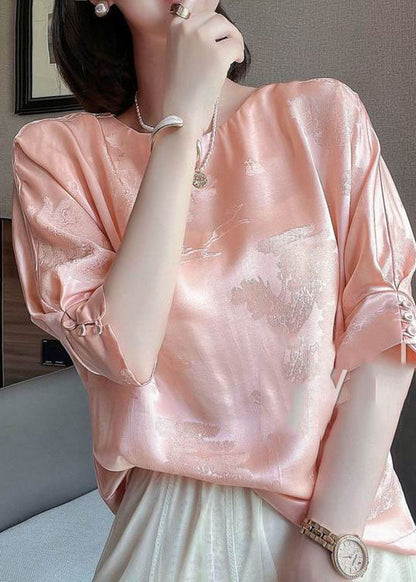 Vintage Pink O-Neck Jacquard Button Silk Blouse Tops Half Sleeve