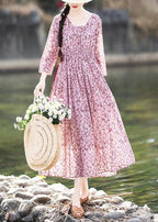 Vintage Pink Purple Print Cinched Cotton Pockets Summer Long Dresses