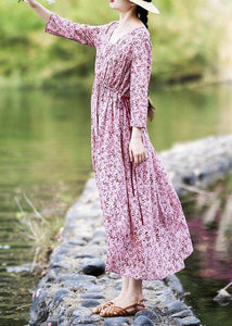 Vintage Pink Purple Print Cinched Cotton Pockets Summer Long Dresses