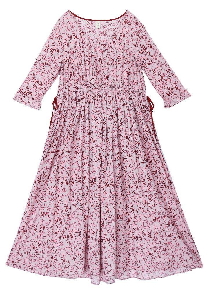 Vintage Pink Purple Print Cinched Cotton Pockets Summer Long Dresses