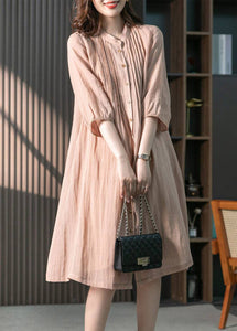 Vintage Pink Stand Collar Button Wrinkled Linen Dress Half Sleeve