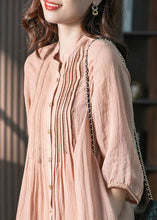 Load image into Gallery viewer, Vintage Pink Stand Collar Button Wrinkled Linen Dress Half Sleeve