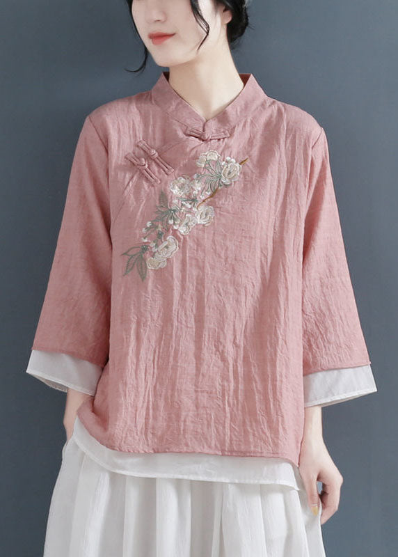 Vintage Pink Stand Collar Embroideried Cotton Fake Two Piece Shirts Three Quarter sleeve