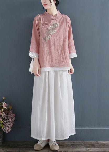 Vintage Pink Stand Collar Embroideried Cotton Fake Two Piece Shirts Three Quarter sleeve