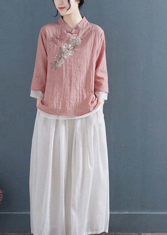 Vintage Pink Stand Collar Embroideried Cotton Fake Two Piece Shirts Three Quarter sleeve