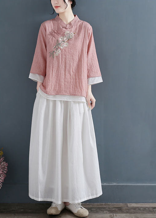 Vintage Pink Stand Collar Embroideried Cotton Fake Two Piece Shirts Three Quarter sleeve