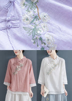 Vintage Pink Stand Collar Embroideried Cotton Fake Two Piece Shirts Three Quarter sleeve