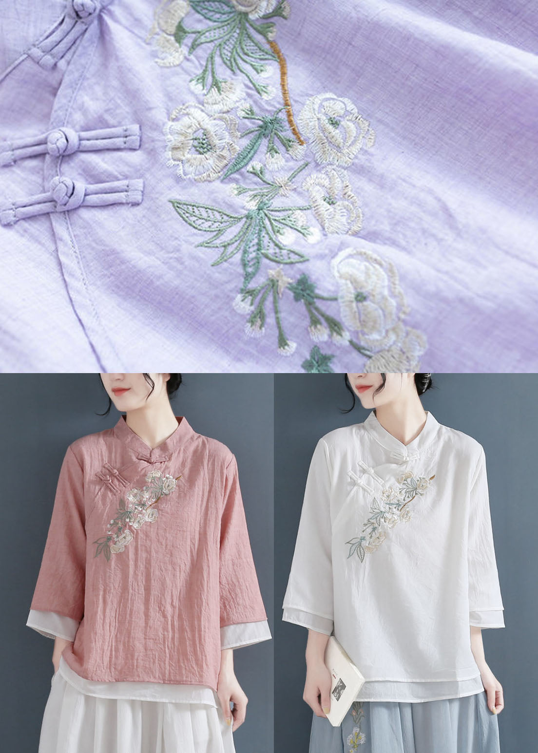 Vintage Pink Stand Collar Embroideried Cotton Fake Two Piece Shirts Three Quarter sleeve