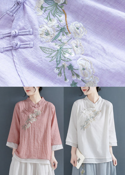 Vintage Pink Stand Collar Embroideried Cotton Fake Two Piece Shirts Three Quarter sleeve