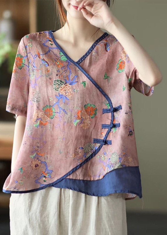 Vintage Pink V Neck Print Button Patchwork Blouse Tops Short Sleeve
